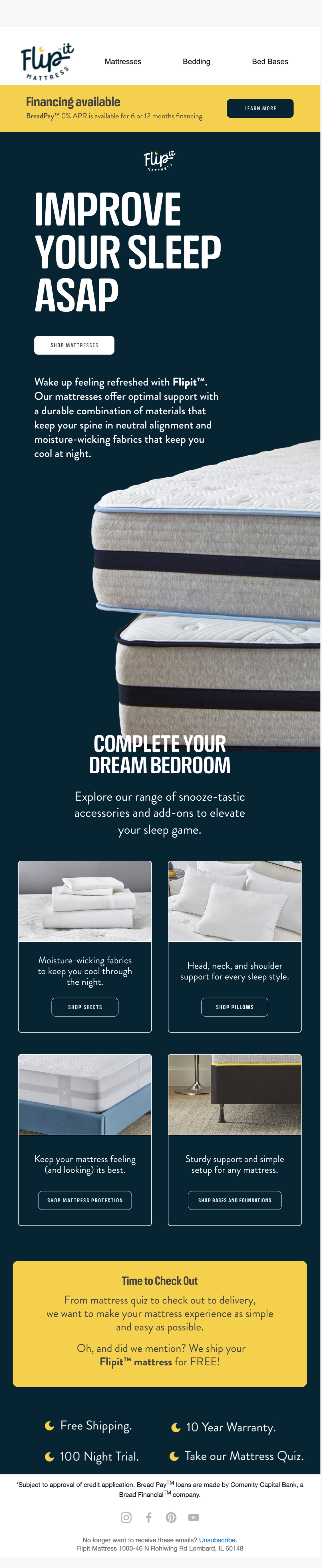 A FlipIt Mattress advertisement for improving sleep, featuring images of mattresses, pillows, sheets, and mattress protection, with a special offer for free delivery and a 10-year warranty.