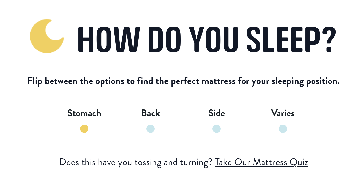 Graphic with a crescent moon icon and the text 'HOW DO YOU SLEEP?' It explains flipping options between stomach, back, side, or varies to find the best mattress for sleep, with a quiz link.