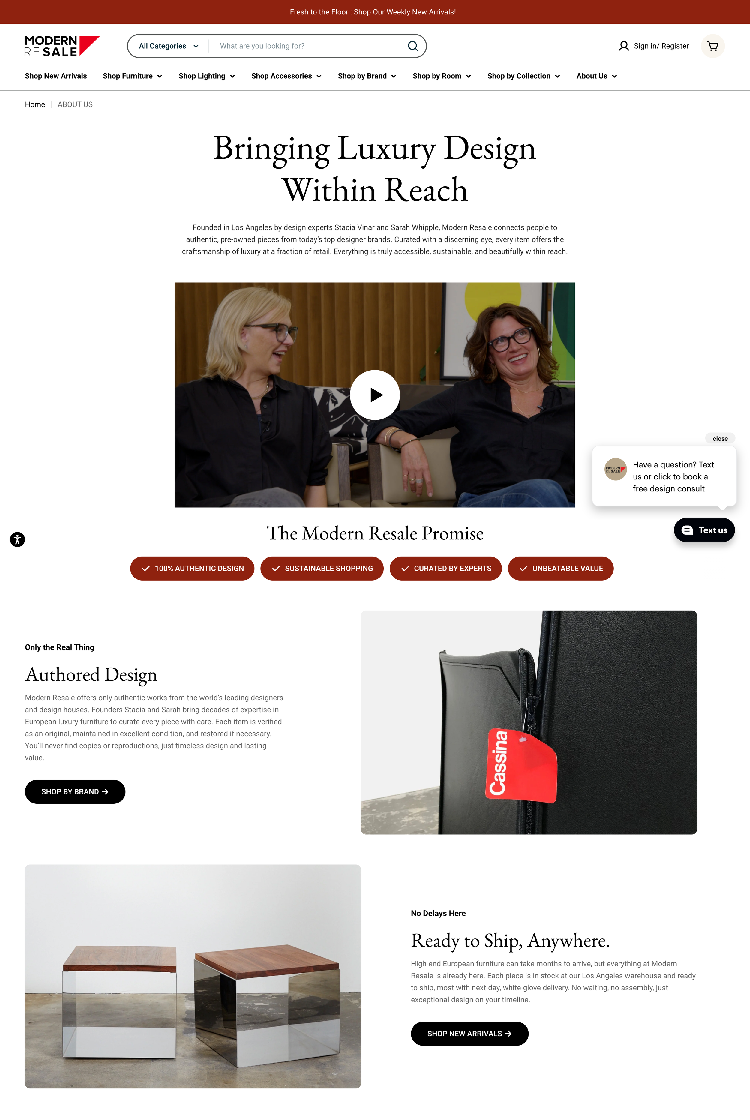 Screenshot of a furniture website homepage featuring a menu bar, a video thumbnail with two women smiling, a close-up of a black zipper leather bag with a red Cassina tag, two wooden tables, and various textual sections promoting luxury, authenticity, and fast delivery of designer furniture.