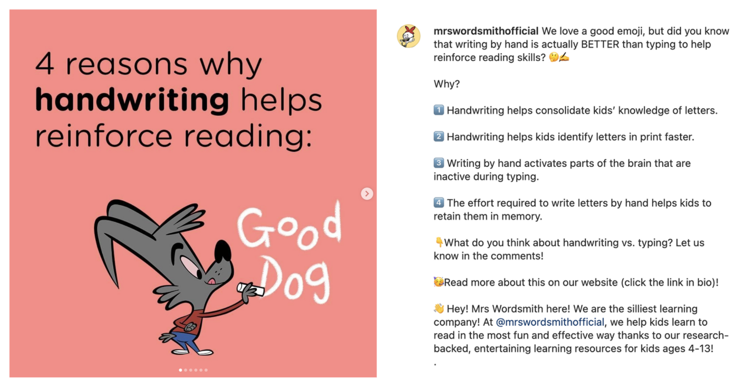 Social media post with pink background and cartoon dog holding a piece of paper. Text highlights four reasons why handwriting helps reinforce reading, with a call to action to comment and learn more from the website.