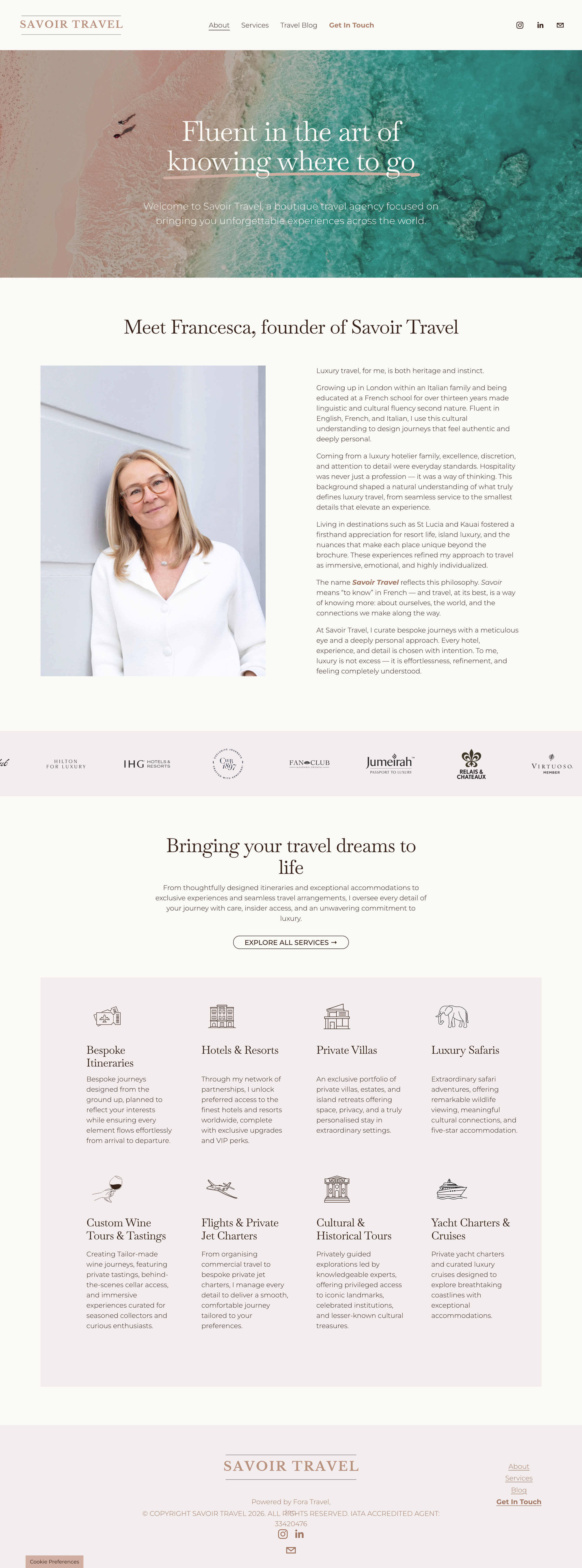 A webpage for Savor Travel, a luxury travel agency, featuring a header with navigation links, a large hero image of a beach with two birds flying, and text overlay that says, 'Fluent in the art of knowing where to go.' Below, there's a photo of Francesca, the founder, smiling in a white blouse, with a detailed biography. The page includes sections about services, travel experiences, and certification logos, ending with the company’s footer and social media links.