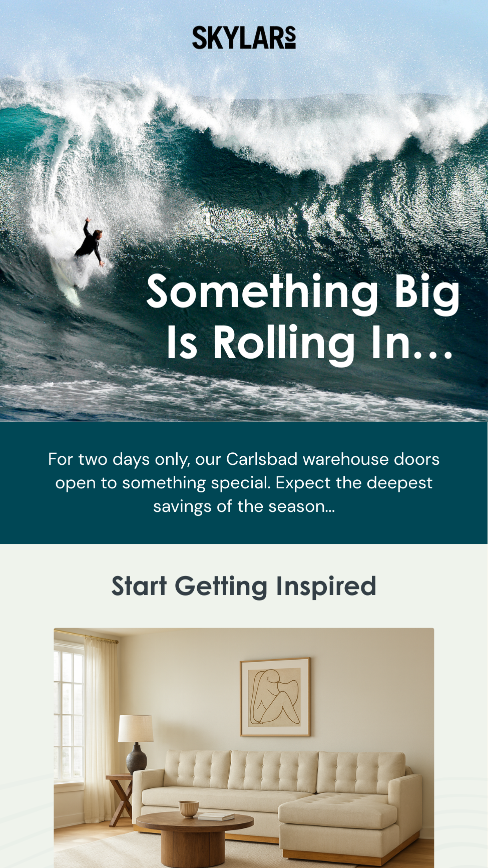 Advertisement featuring a large ocean wave with a surfer riding it, with text promoting a special sale at Carlsbad warehouse for two days only, encouraging getting inspired.
