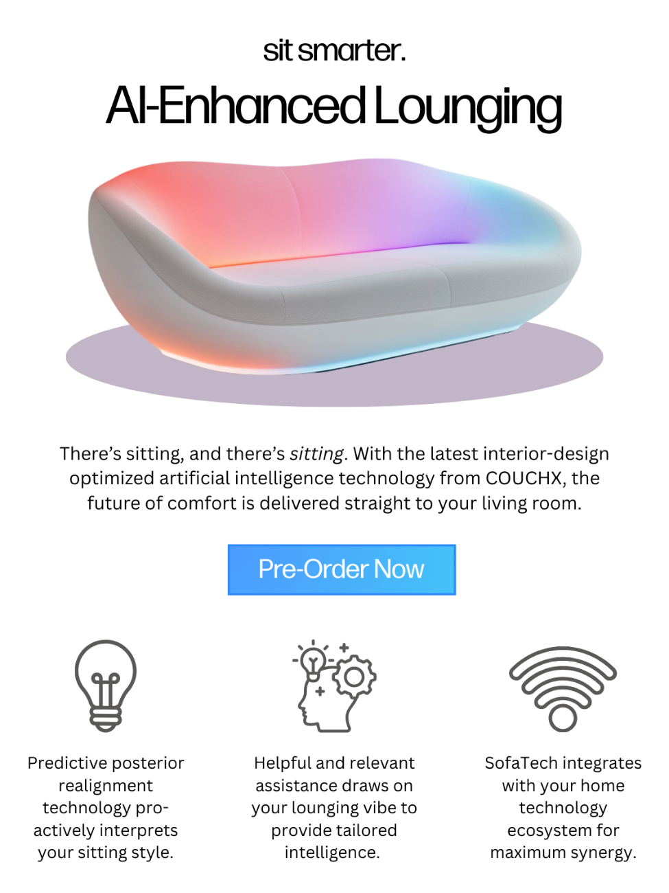Advertisement for a smart lounging couch with colorful LED lighting and AI-enhanced features, including a 'Pre-Order Now' button.