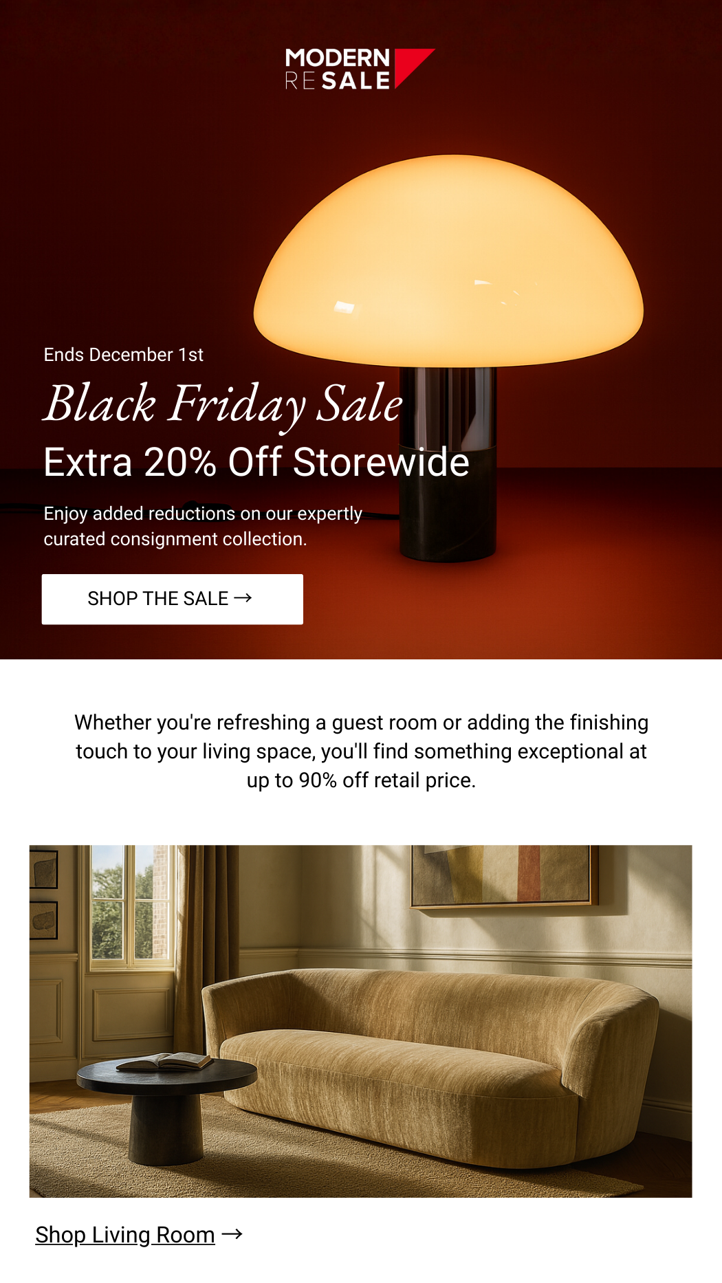An advertisement for a modern furniture store's Black Friday sale, featuring a stylish table lamp and a living room scene with a curved beige sofa and large window.