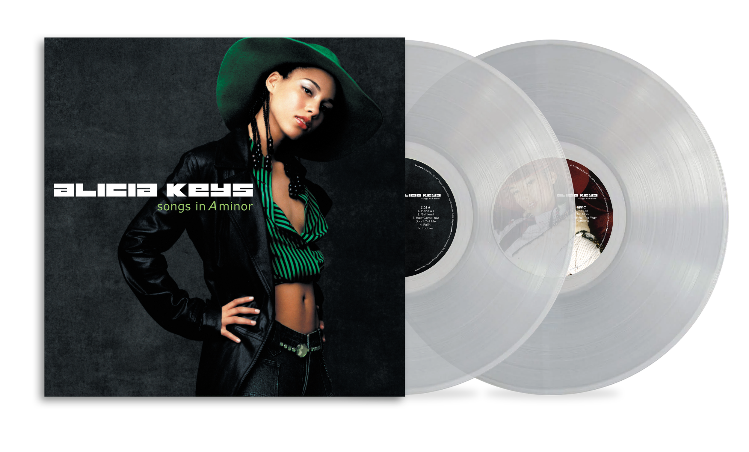 Album cover of Alicia Keys' "Songs in A Minor" featuring her in a black leather jacket and a large green hat, with two vinyl records visible behind her.