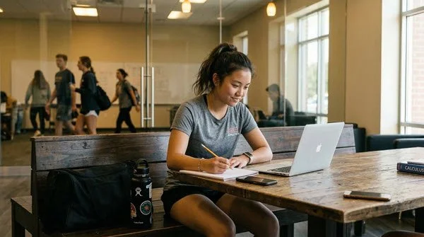 A young Asian American college student in a college study area doing class work
