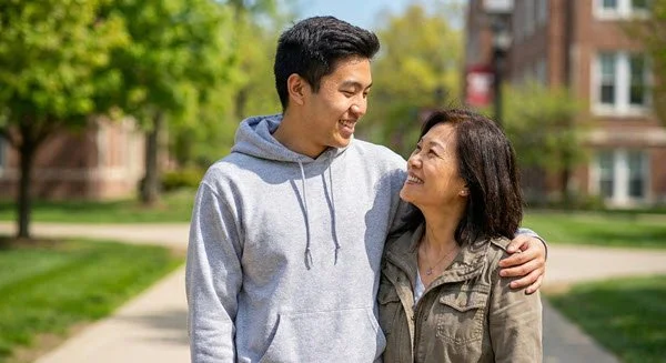 A happy and proud Asian mother walking with student athlete son on a college campus