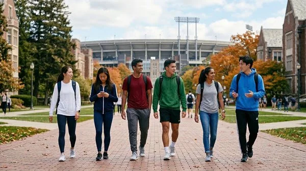 A group of AAPI college students and student athletes walking outside of the university stadium