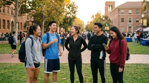 Diverse group of Asian American college students talking and laughing on an outdoor campus quad