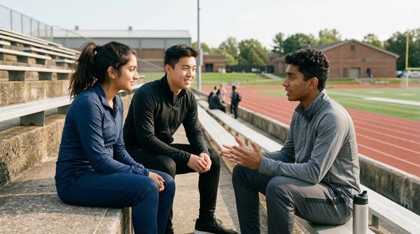 AAPI student athletes having a friendly discussion while sitting on bleachers next to a track