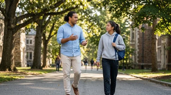 A Pacific Islander mentor and an Asian American female student walking on a tree covered walkway on a college campus