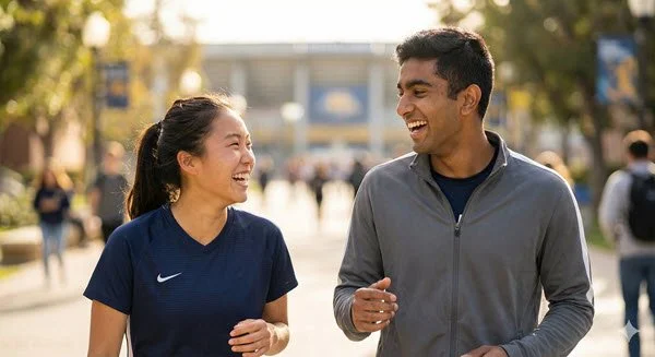 Two AAPI student athletes laugh together while walking outside the campus stadium