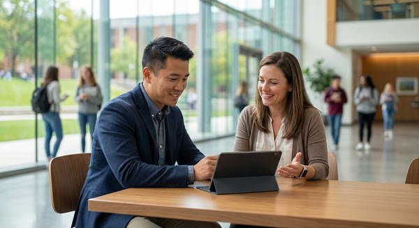 An ASAC staff member speaks with a university administrator