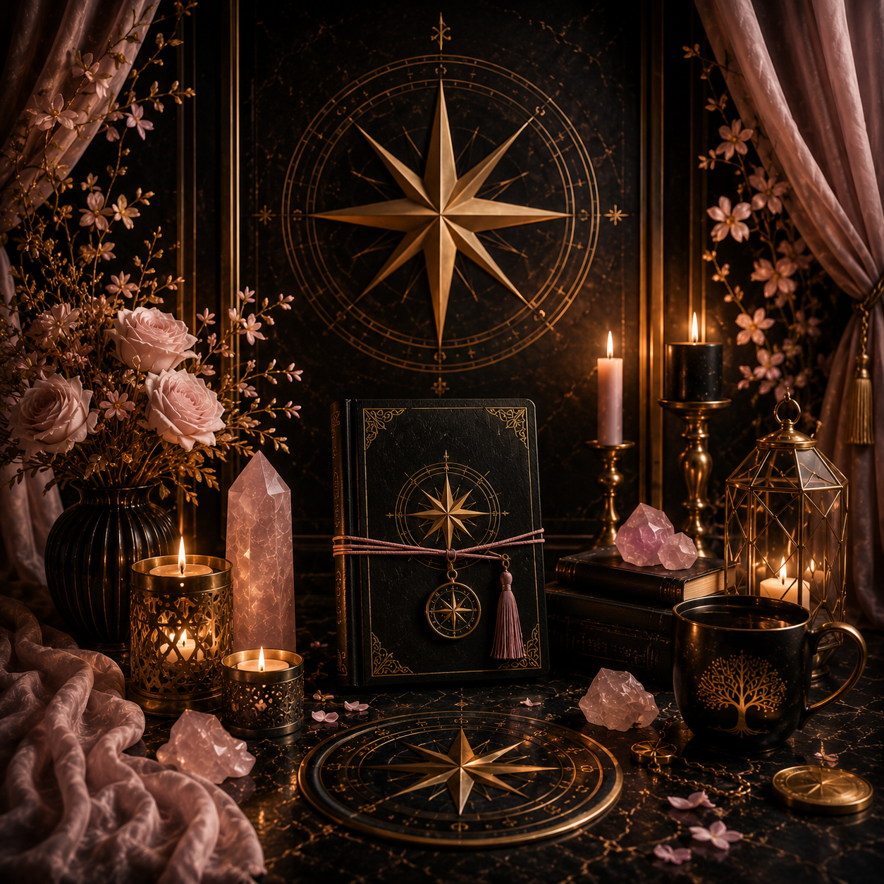 Decoración elegante con motivo de brújula y estrellas, con velas encendidas, flores rosadas y cristales en un entorno oscuro y lujoso.