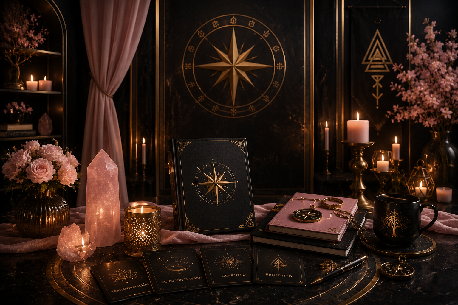 Una mesa de madera negra con objetos de decoración místicos y de adivinación, incluyendo libros con símbolos astrológicos, cartas de tarot, velas, cristales rosados, una taza negra con un árbol dorado, y flores rosas, en un ambiente con velas y cortinas rosas.