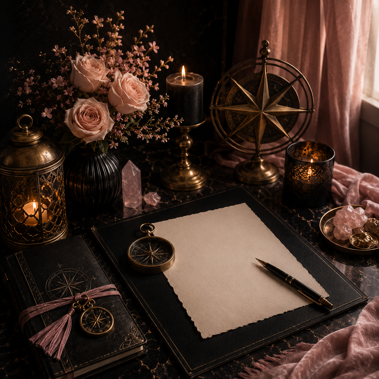 Una mesa decorada con flores, velas y objetos de brujería, incluyendo un calendario y un cuaderno con temática astronómica, con un ambiente oscuro y elegante.
