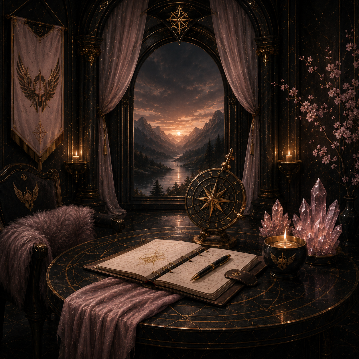 Una habitación decorada con detalles místicos, con un gran ventanal que muestra un paisaje montañoso y un río al atardecer, con velas encendidas y cristales en la mesa.