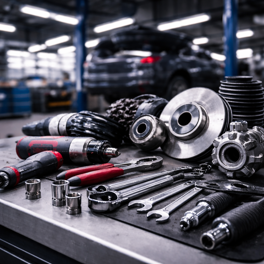 Automotive repair tools and parts on a workbench in a garage, including screwdrivers, wrenches, socket wrenches, pulleys, and a vehicle in the background.