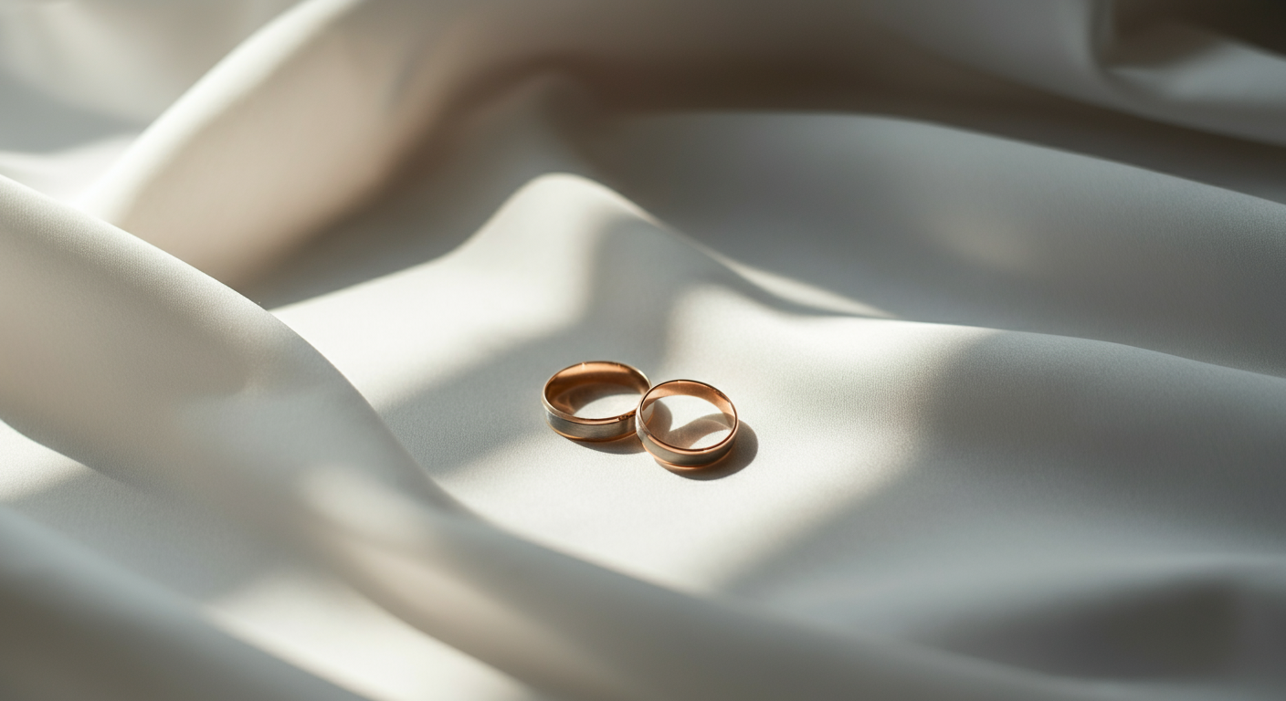 Two gold wedding bands laying on a white sheet in the sun