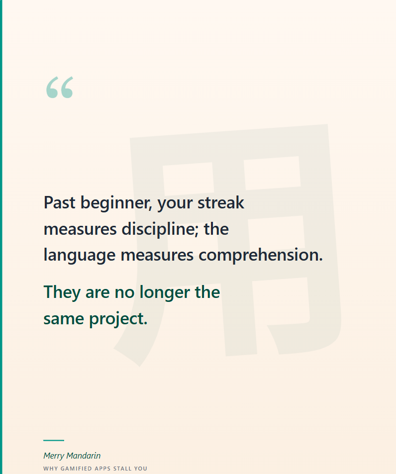 Vertical pull-quote card on a warm cream background with a teal accent strip on the left edge and a faded oversized 用 (use) watermark behind.