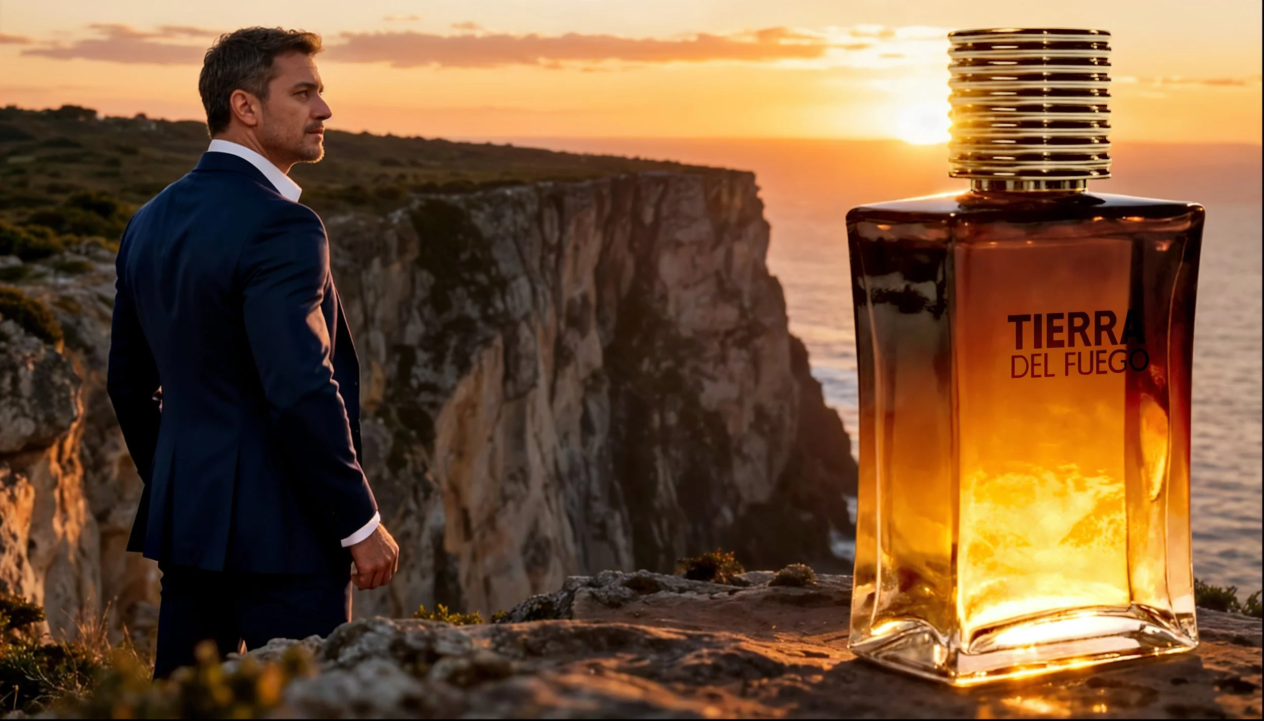 Uomo in abito blu che guarda un tramonto sul mare con scogli e vegetazione davanti a una bottiglia di profumo 'Tierra del Fuego' che riflette la luce del sole.