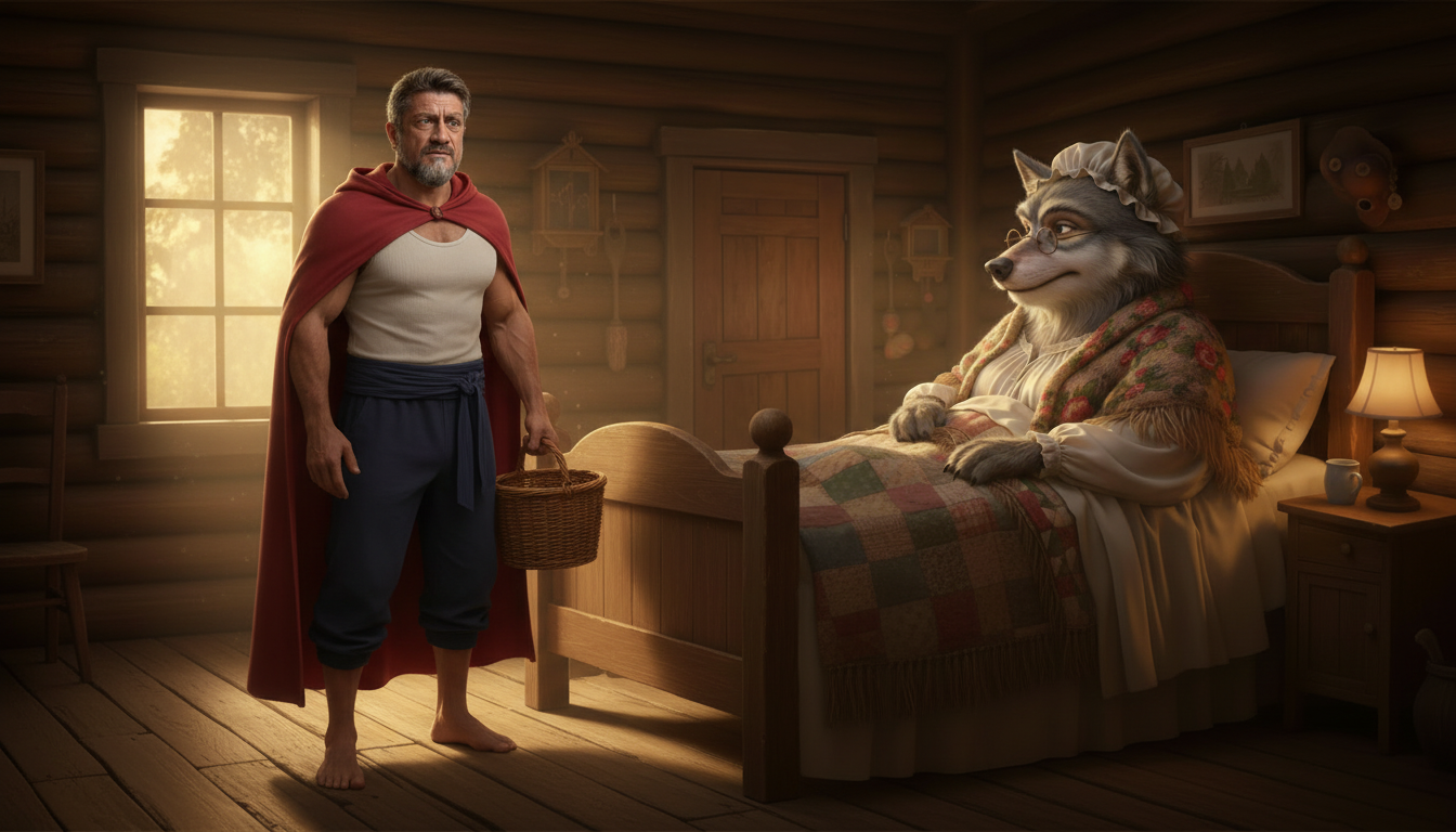 Un uomo vestito come un cappuccetto rosso si trova di fronte a un lupoa travestito da dolce nonnina che giace a letto in una stanza in stile rustico, con una finestra illuminata dal tramonto sullo sfondo.