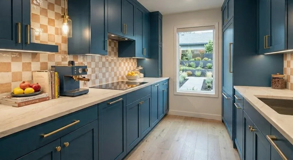 A contemporary kitchen showcasing dark navy blue cabinetry with brass hardware, light countertops, and a bold, high-contrast checkered tile backsplash in warm beige and white. The space features light wood floors and under-cabinet lighting
