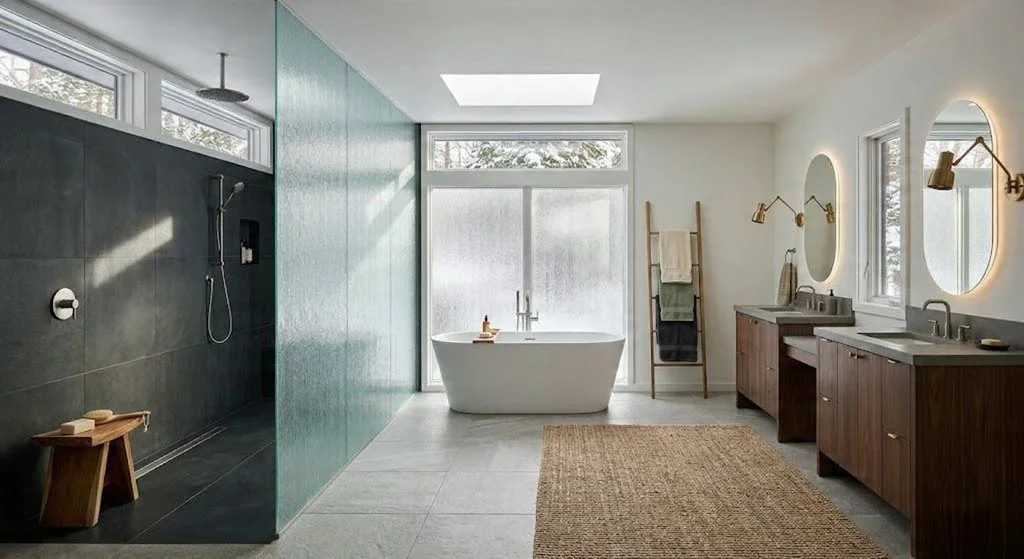 A bright Northern Michigan bathroom remodel demonstrating how to expand natural light without sacrificing privacy. The space features a large frosted window, a ceiling skylight, a freestanding tub, and a glass-enclosed shower.