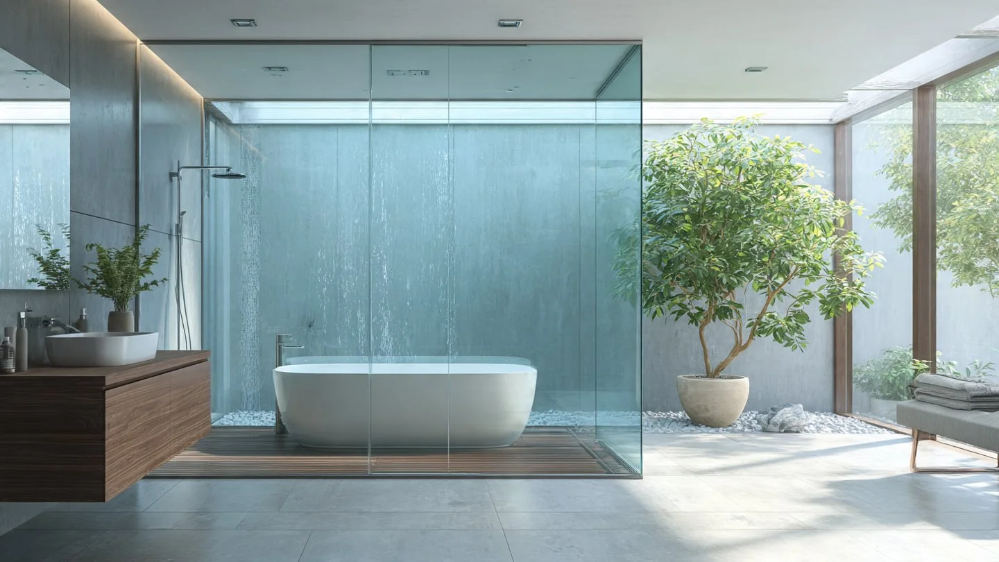 A modern luxury bathroom featuring a wet room layout, where a freestanding white bathtub and shower are enclosed together behind a large, frameless glass wall. The room includes grey stone tile, a wood vanity, and natural light from a skylight.