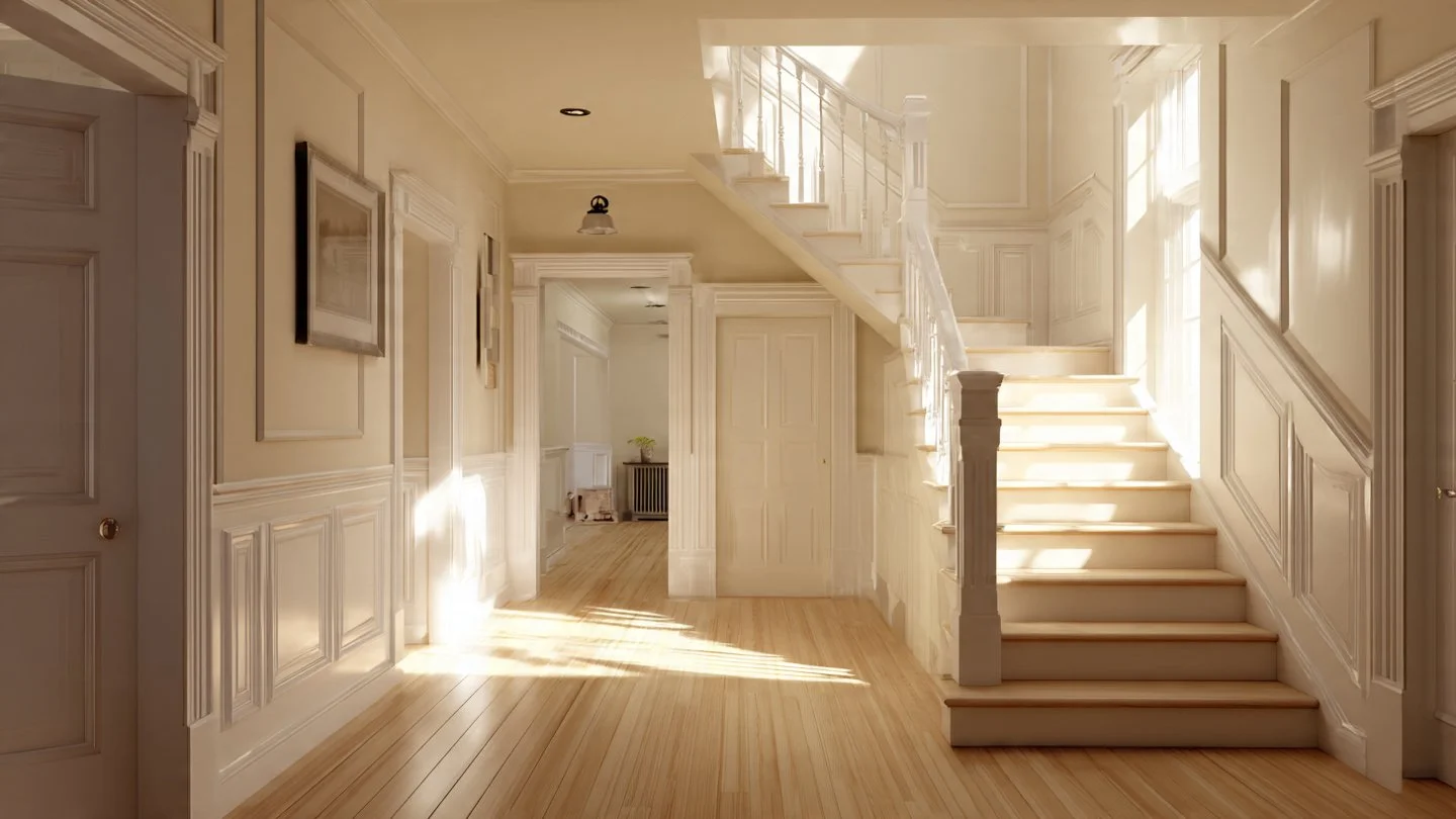 Bright, spacious hallway with white walls, wood flooring, and a staircase leading to the upper floor, illuminated by sunlight streaming through windows.