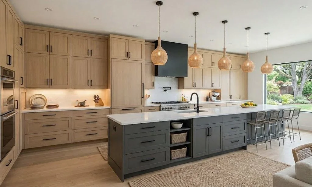 A modern kitchen featuring warm wood cabinetry, white countertops, a contrasting dark gray island, and woven pendant lights