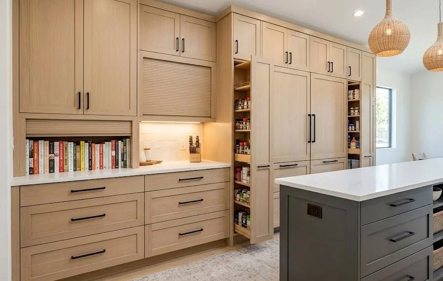 Kitchen remodel highlighting maximized storage trends, featuring warm wood cabinetry with a pull-out pantry, deep lower drawers, and dedicated appliance garages to keep countertops clutter-free