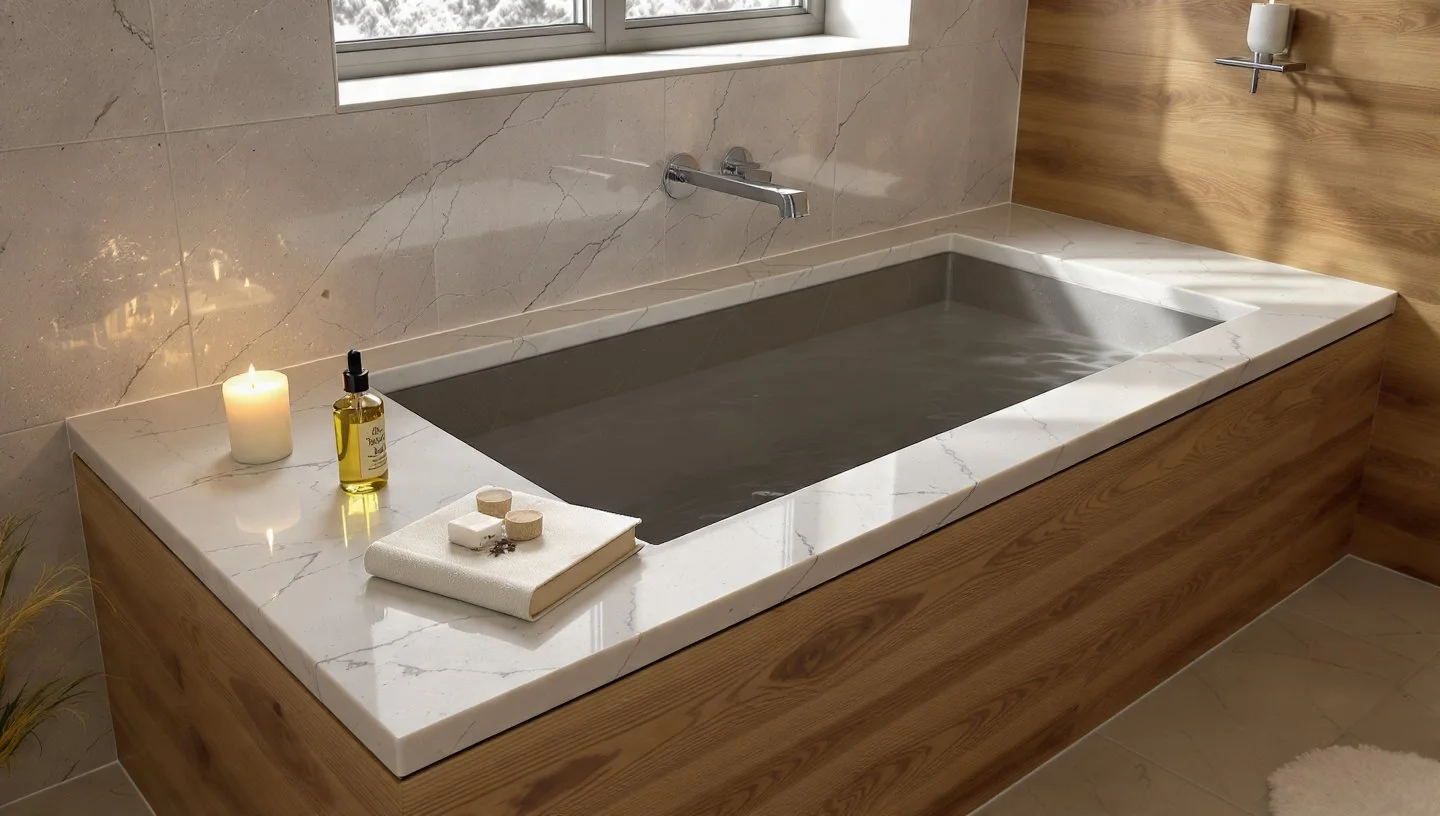 A modern undermount bathtub built into a custom wood frame with a continuous white quartz deck, demonstrating a functional bathroom layout.