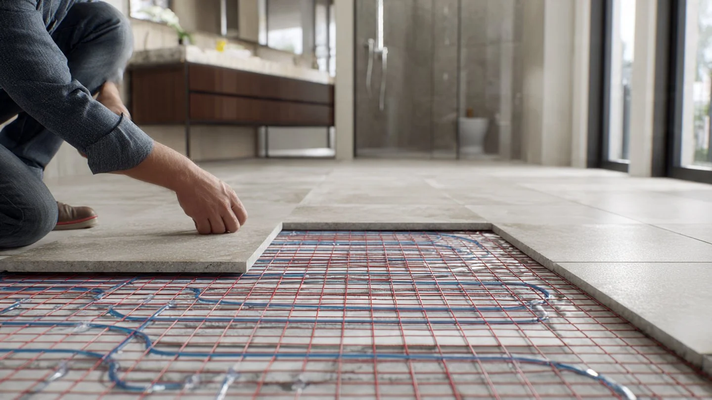 A contractor installing light grey floor tile over a red and blue hydronic radiant in-floor heating system during a modern bathroom remodel in Northern Michigan.