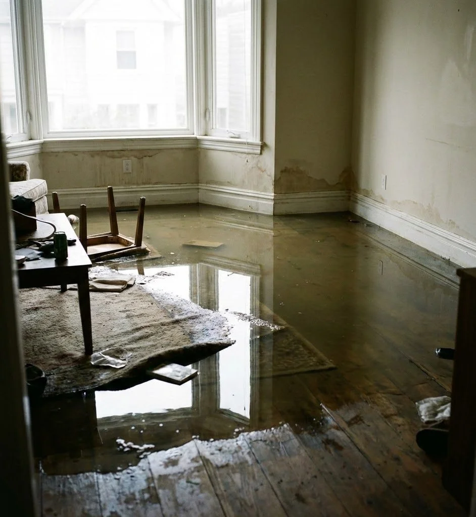 Flooded living room with water covering hardwood floor, furniture overturned, and water spilling from a window.