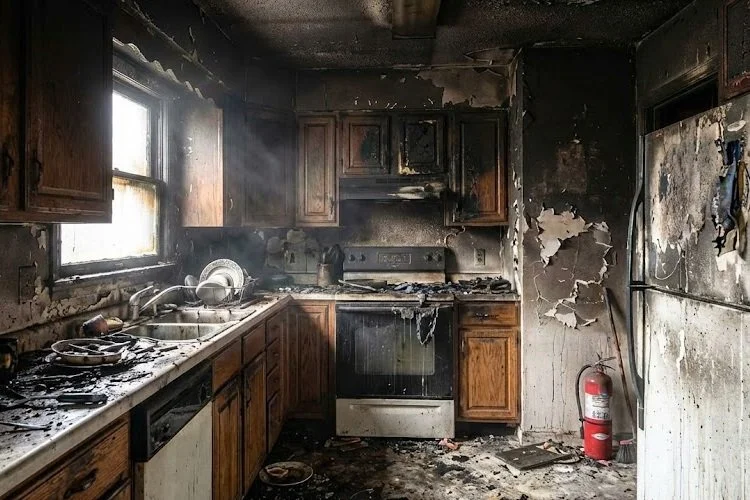 A kitchen that is severely damaged by fire, with charred cabinets, burnt walls, and soot-covered appliances, including an oven, refrigerator, and sink, with fire extinguisher on the floor.