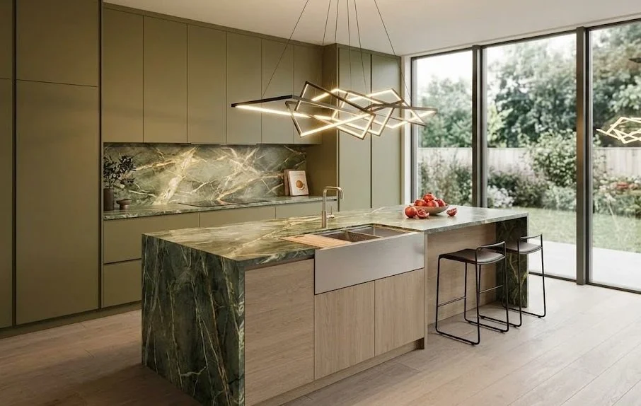 Modern kitchen interior featuring a dramatic green marble waterfall island and matching backsplash, warm flat-panel wood and olive cabinets, and a striking geometric statement light fixture hanging above