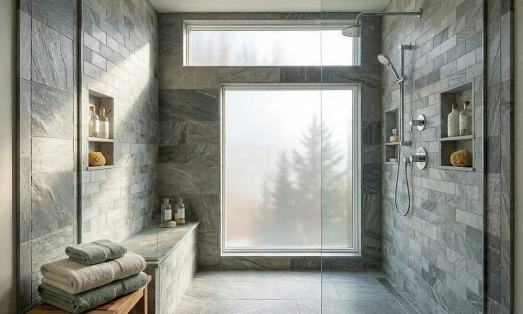 A luxurious purpose-built enclosed shower room in a Northern Michigan bathroom remodel, featuring dark grey stone tile, dual showerheads, and a large frosted privacy window to let in natural light.