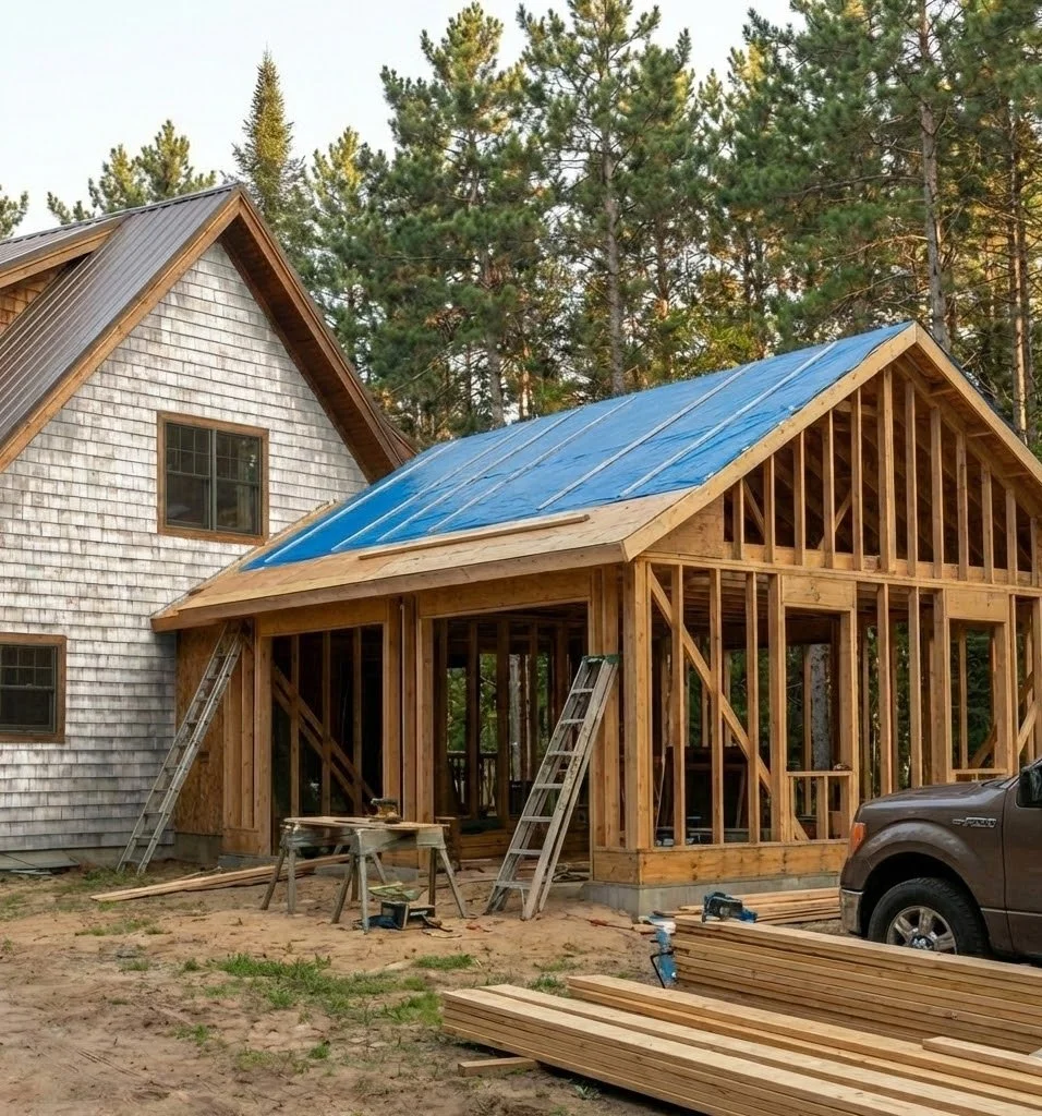 A house under construction with a wooden frame, partially covered with blue sheathing, next to an older house with shingle siding, and surrounded by trees.