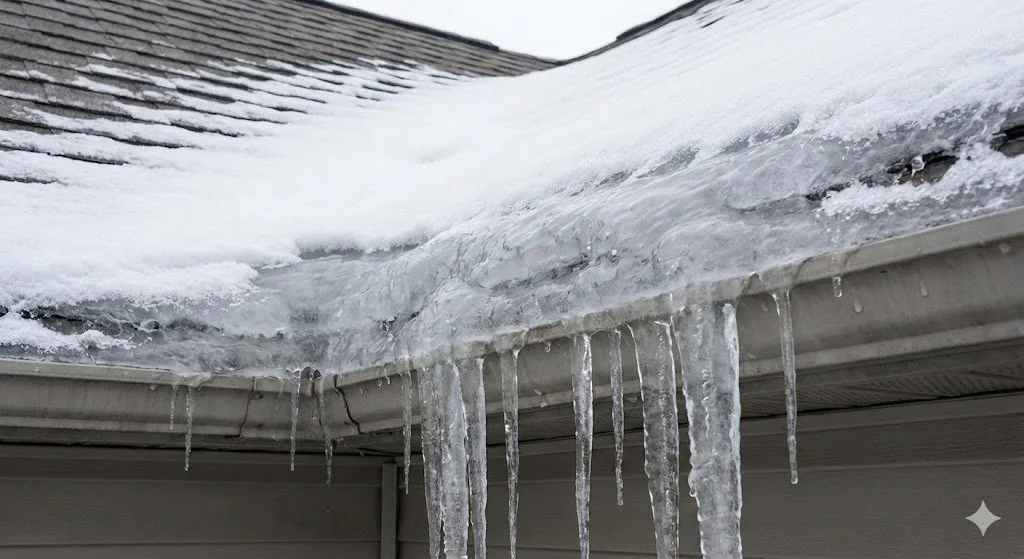 Ice and snow buildup on the edge of a roof with icicles hanging down.