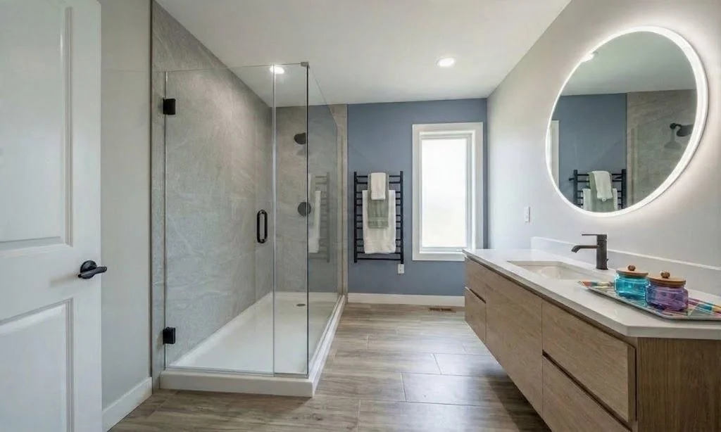 Newly remodeled bathroom with a walk in shower, large circular mirror, and blue and white walls