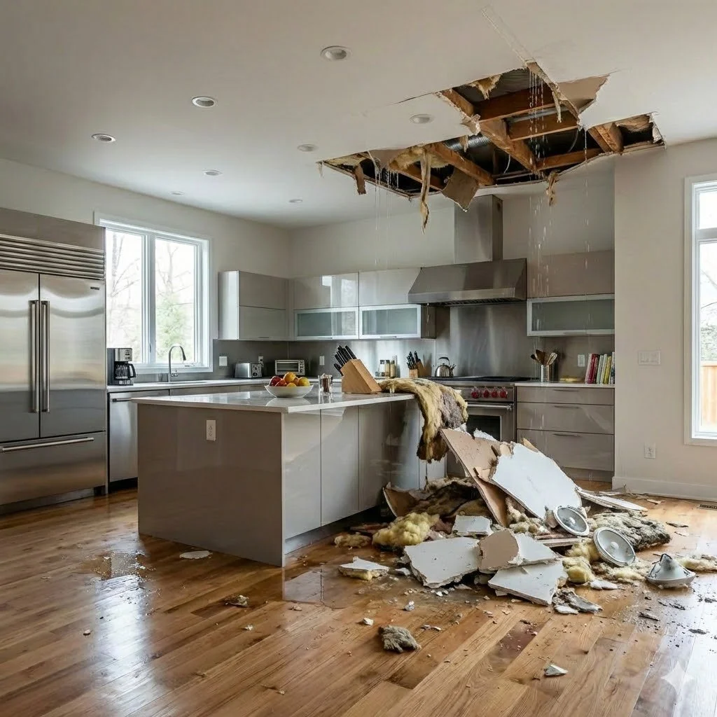 Damaged kitchen with a large hole in the ceiling, debris and insulation on the floor, and various kitchen appliances and utensils on the counter.