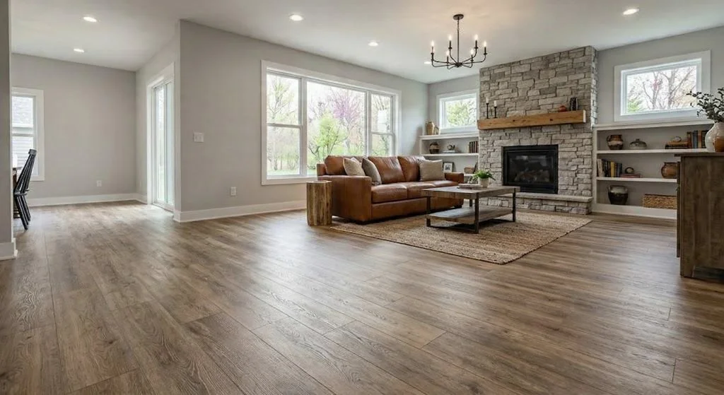 Newly replaced and upgraded wood floor in a contemporary living room with a stone fireplace