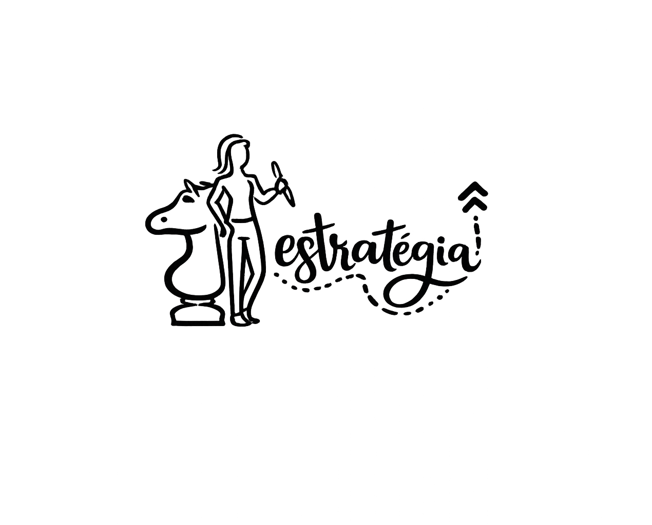 Ilustração de uma mulher segurando uma colher, ao lado de uma cabeça de cavalo com a palavra ‘estratégia’ escrita em estilo de caligrafia. Fundo preto.