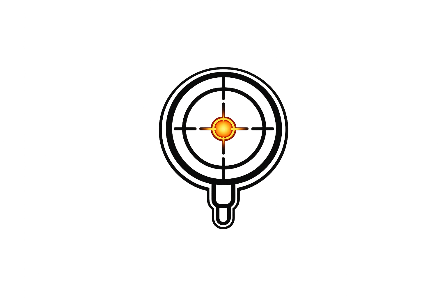 Alvo de mira com ponto central brilhante em tons de laranja e amarelo, cercado por círculos pretos.