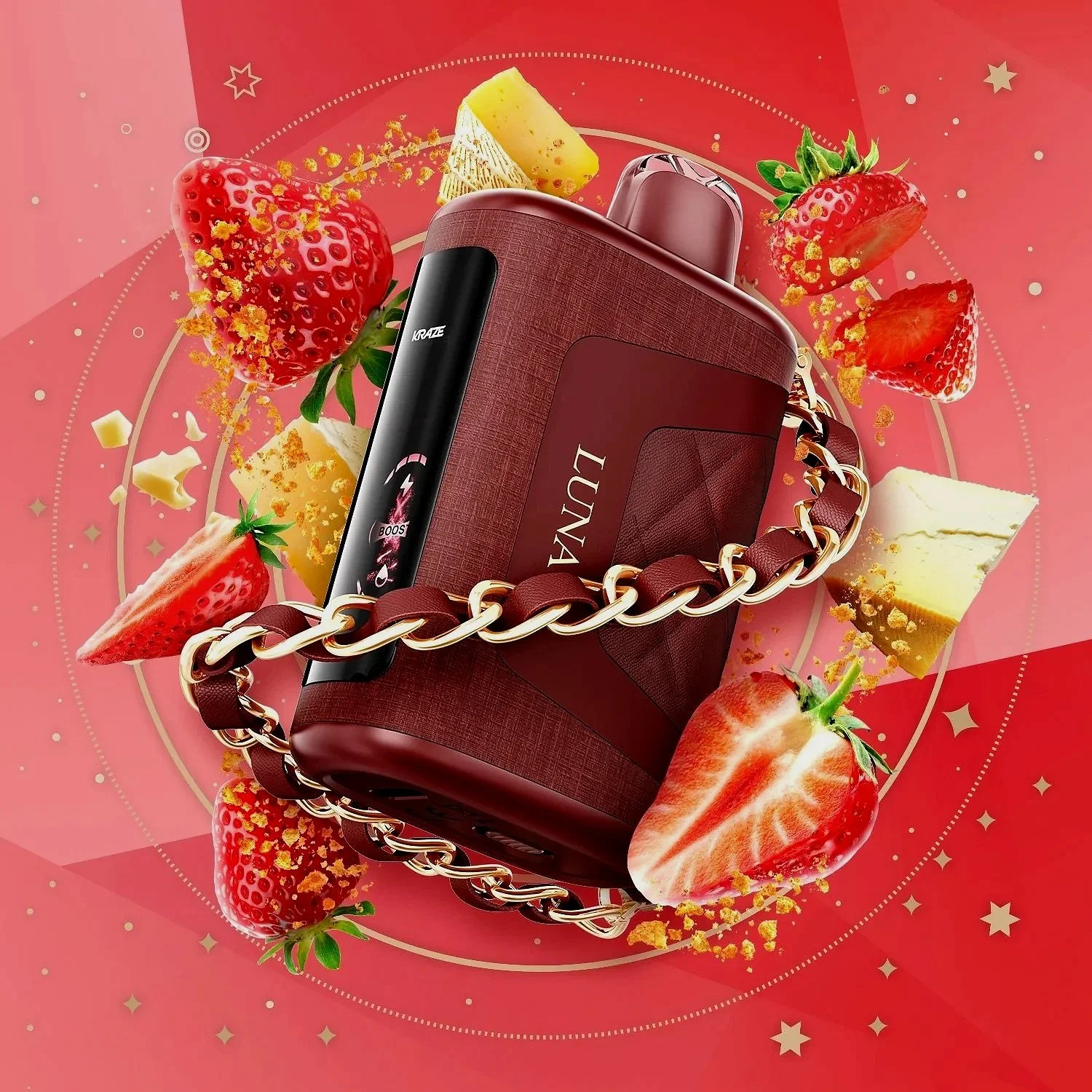 A red and black portable device with the brand name 'Luna' surrounded by strawberries, cheese, and crumbs on a red background with decorative stars and circles.vape kraze vape kraze disposable vape