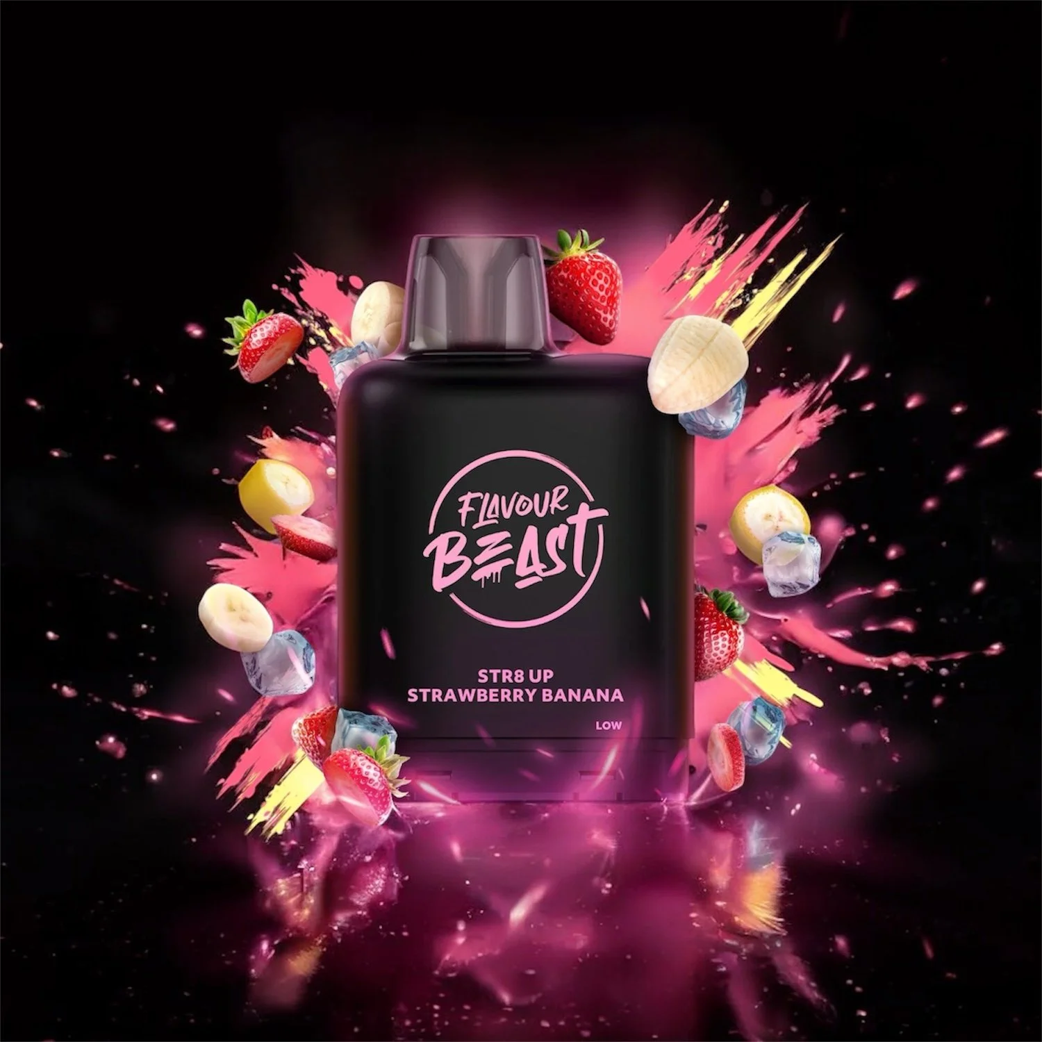 A black bottle labeled 'Flavour Beast' with pink text, surrounded by strawberries, banana slices, and ice cubes, with pink and yellow paint splashes in the background.