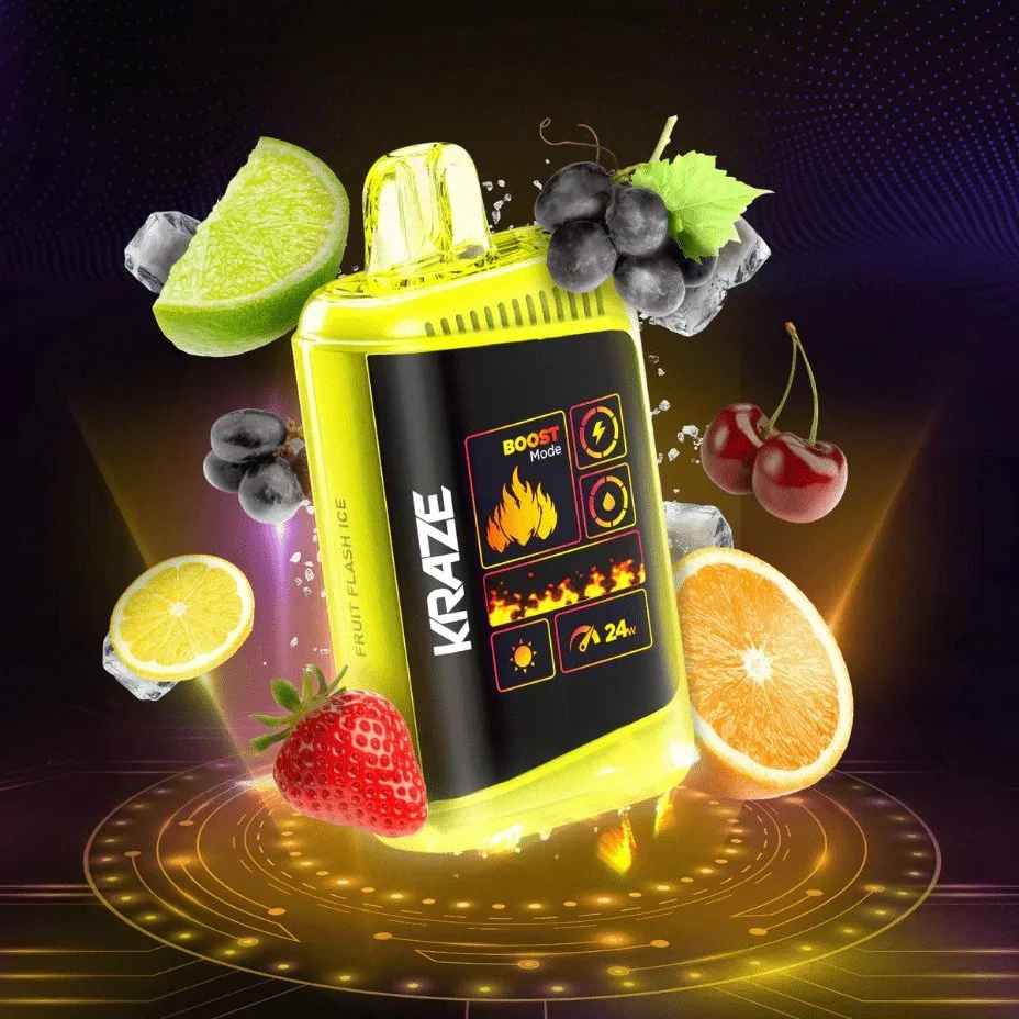 A yellow and black energy shot bottle labeled 'KRAZE' surrounded by floating citrus fruits, grapes, cherries, ice cubes, and glowing digital effects.