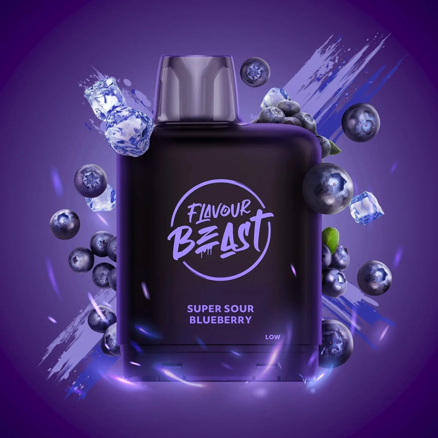 A purple bottle labeled 'Flavour Beast' with blueberries and ice cubes around it, labeled 'Super Sour Blueberry' with a 'Low' indicator, set against a purple and blue background.