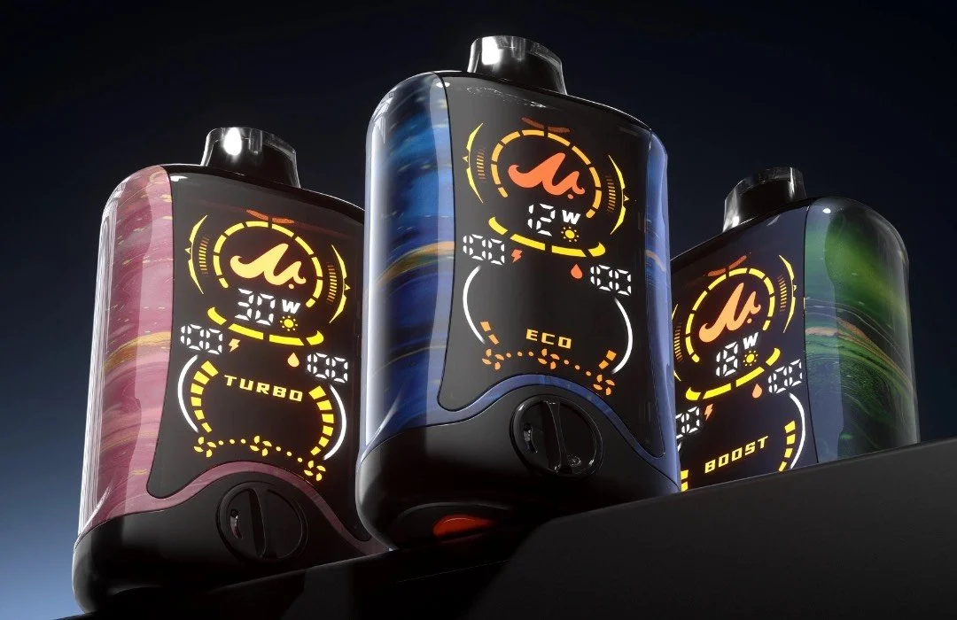 Three large bottles of energy drink with digital displays and colorful abstract designs on the labels, labeled "Turbo," "Eco," and "Boost".